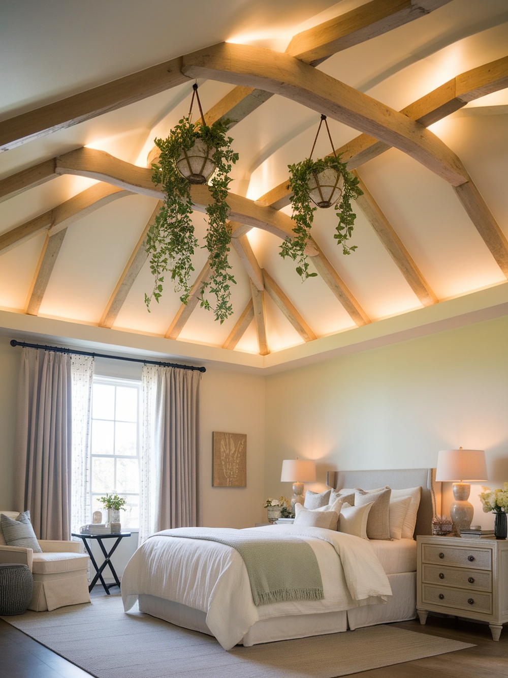 A cozy bedroom featuring a wooden beam ceiling with hanging plants and soft lighting.