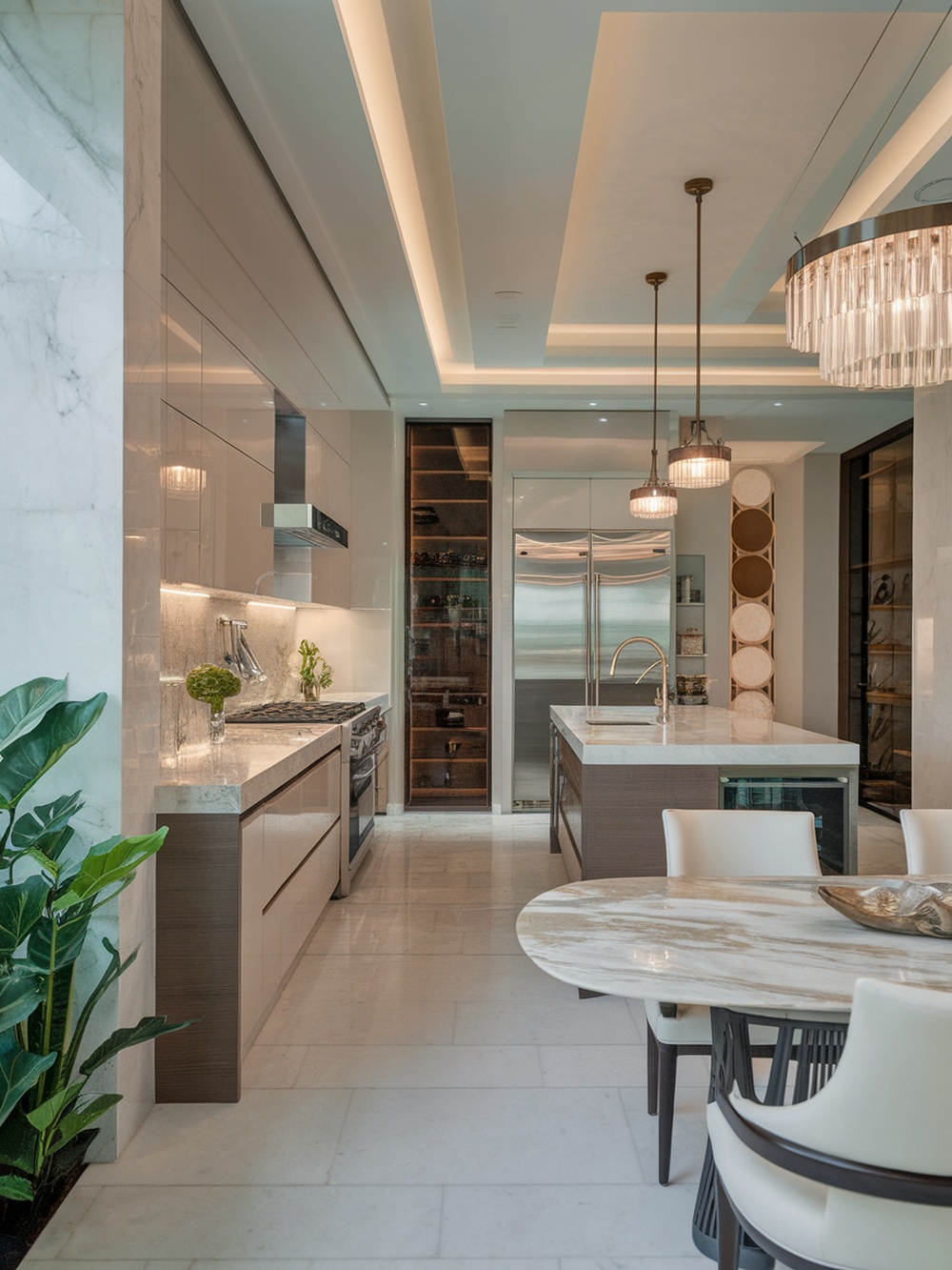A modern kitchen featuring luxury finishes with marble countertops, sleek cabinetry, and elegant lighting.