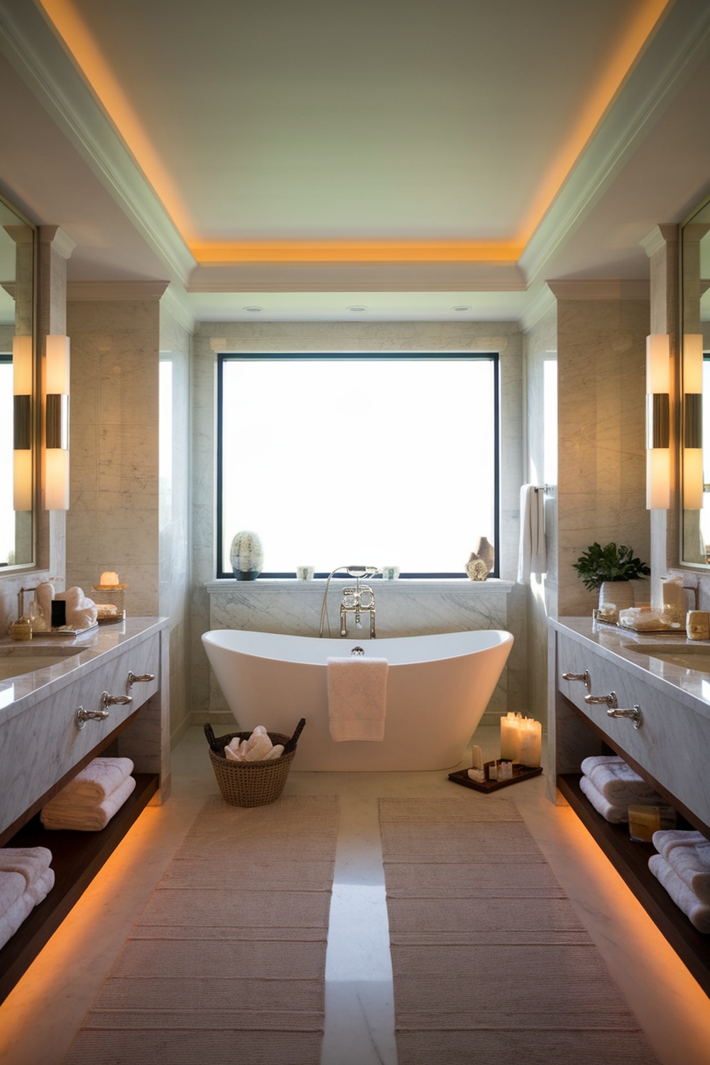A luxurious bathroom featuring a freestanding bathtub, marble finishes, and warm lighting.