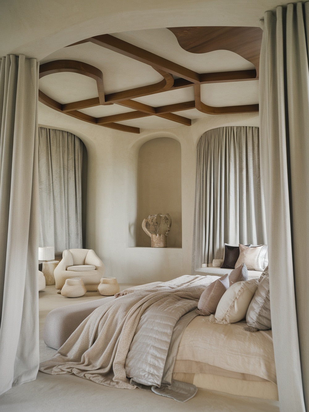 A luxurious bedroom featuring soft textiles, neutral colors, and a unique wooden ceiling design.
