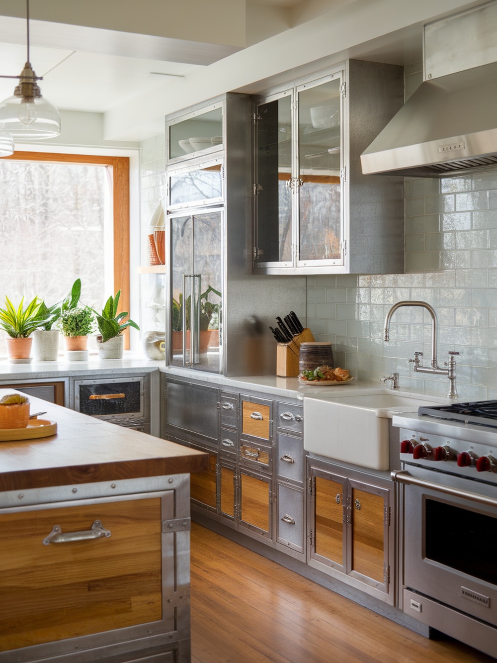 A modern kitchen featuring mixed materials in cabinets, showcasing metal and wood elements.