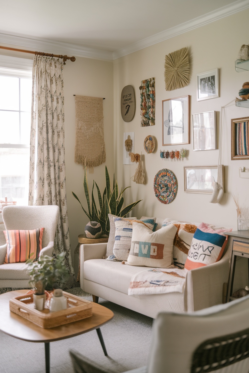 A cozy small living room with textured wall hangings, colorful cushions, and plants, showcasing personal style.