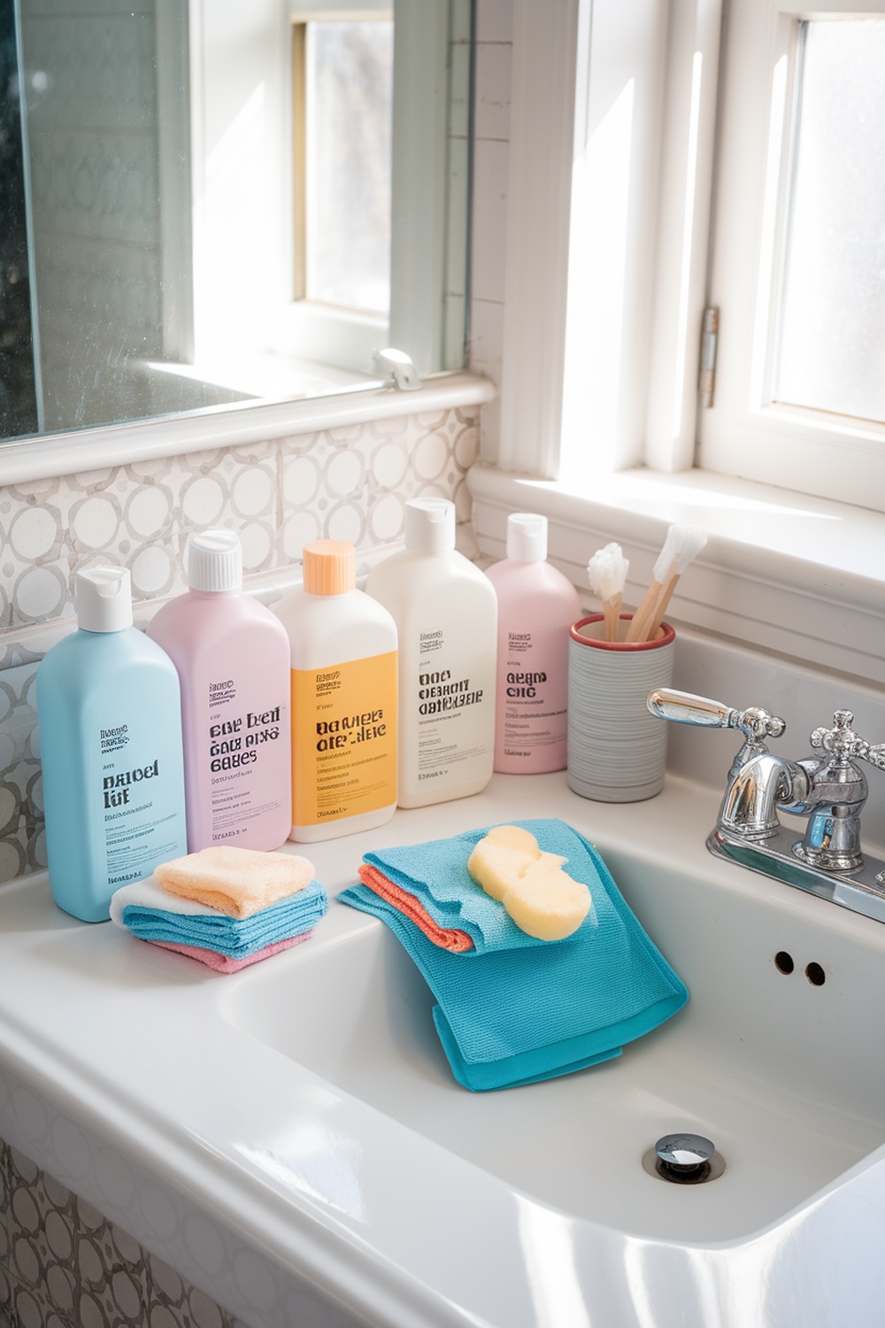 A neatly arranged collection of bathroom cleaning products on a sink, showcasing various multi-use cleaners and sponges.