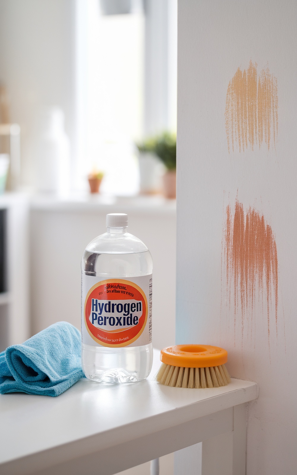 A bottle of hydrogen peroxide, a scrubbing brush, and a cloth on a table next to a wall with stubborn marks.