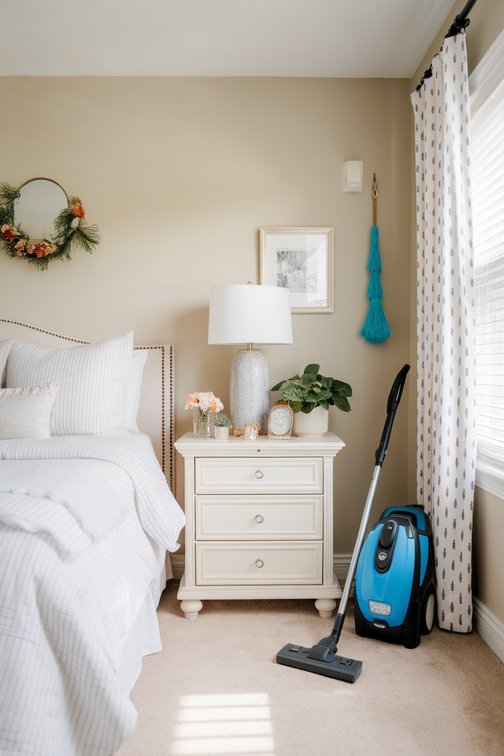 A cozy bedroom with a neatly made bed, a stylish nightstand, and a vacuum cleaner, showcasing a clean and organized space.