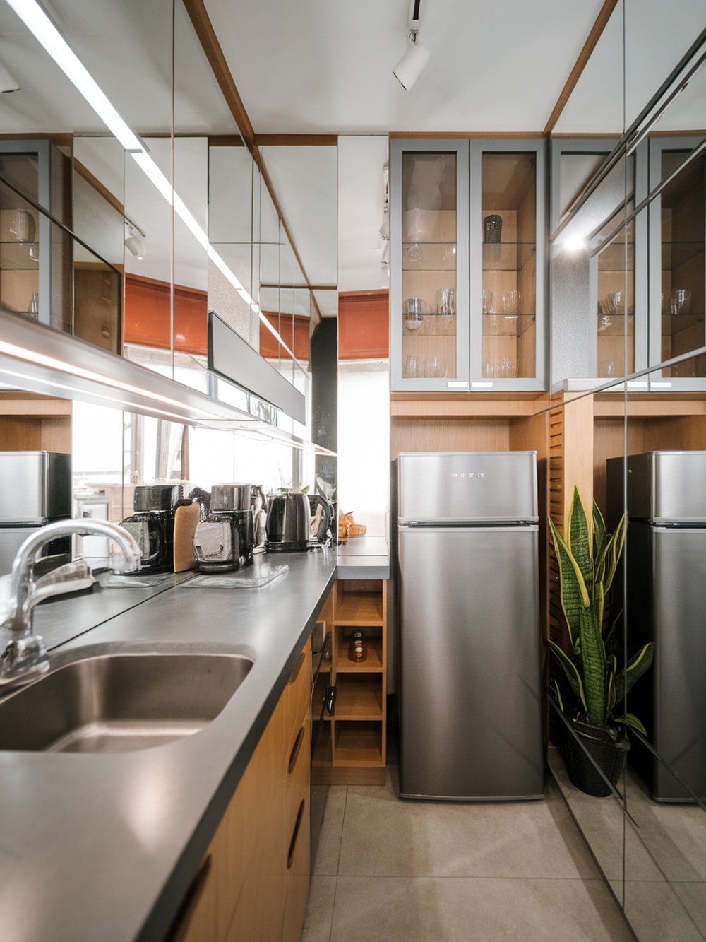 A modern kitchen featuring mirrored cabinets and a sleek design.