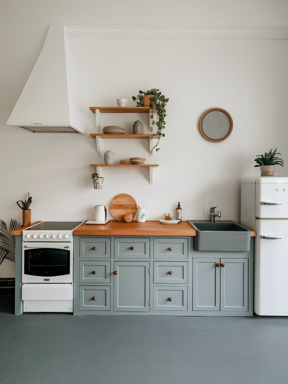 A modern kitchen with gray cabinets, wooden countertop, and minimal decor.
