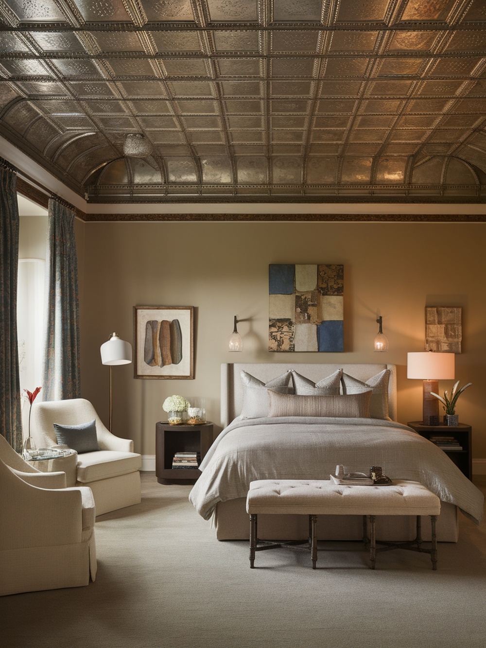 A beautifully designed bedroom featuring a vintage tin ceiling, showcasing a blend of soft colors and textures.