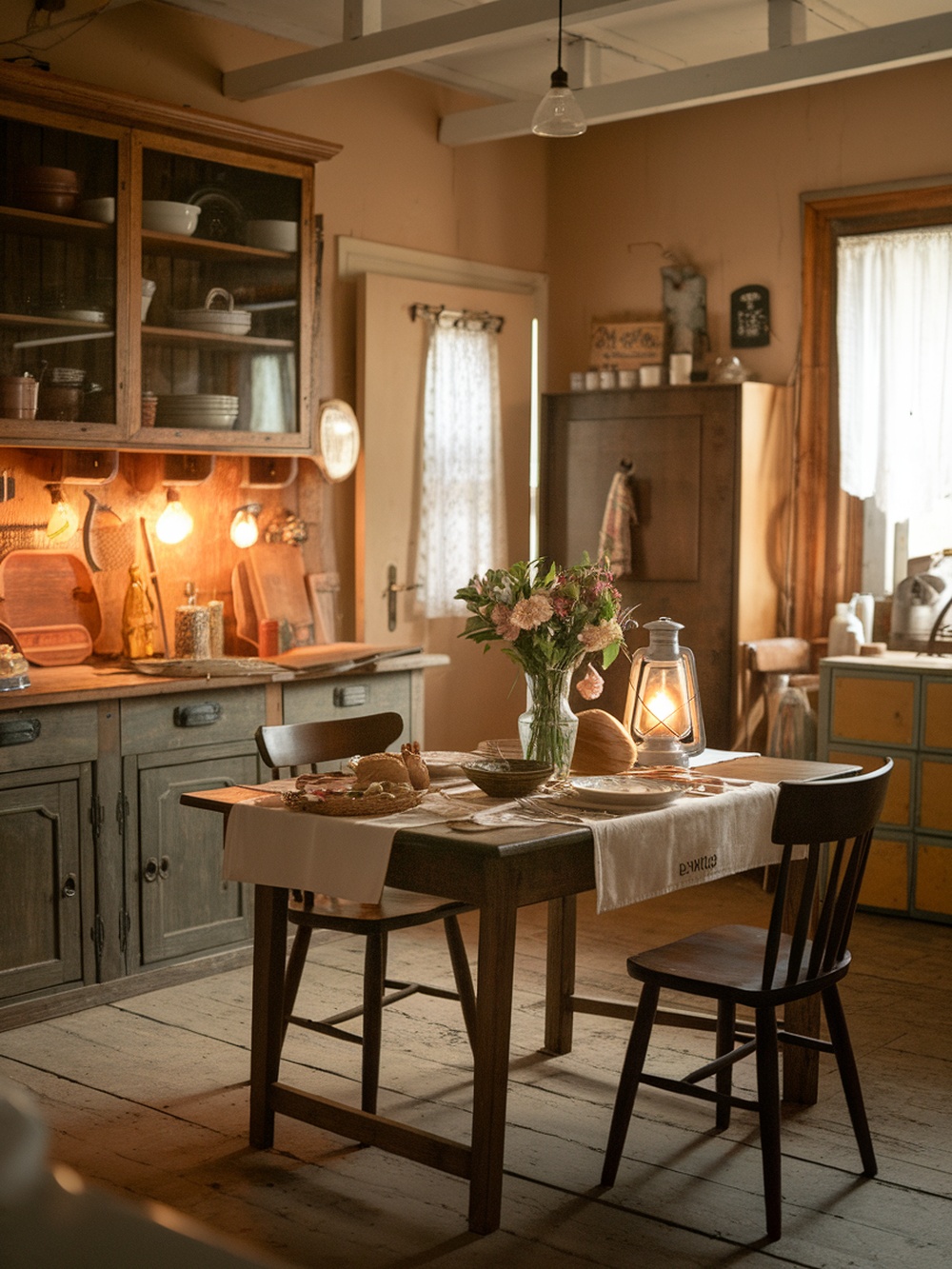 A cozy farmhouse kitchen featuring rustic cabinets, a wooden table, and soft lighting.