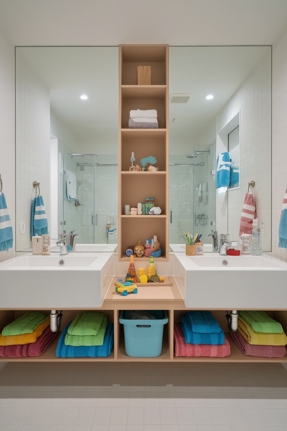 A family-friendly bathroom with dual sinks, colorful towels, and organized storage.