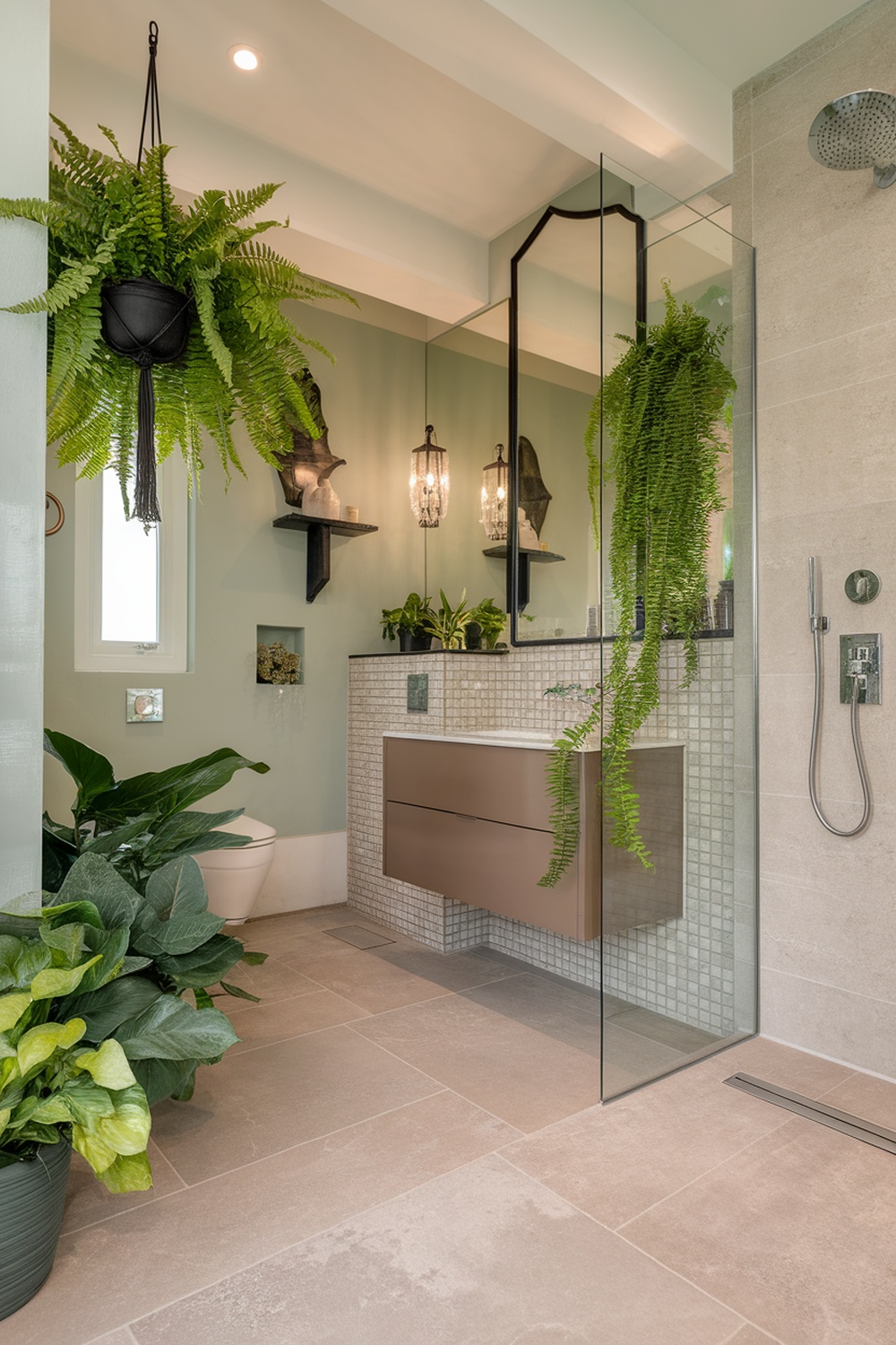 A modern bathroom featuring hanging ferns and potted plants, creating a fresh and vibrant atmosphere.