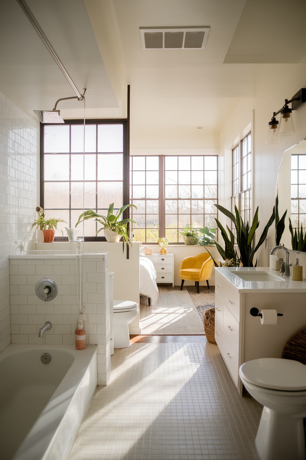 A bright open concept bathroom featuring large windows, plants, and a seamless flow into the bedroom.