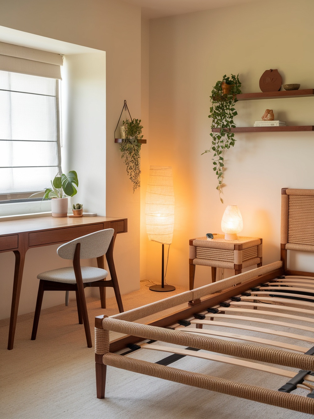 A minimalist bedroom featuring a wooden bed frame, a stylish desk, and warm lighting with plants.