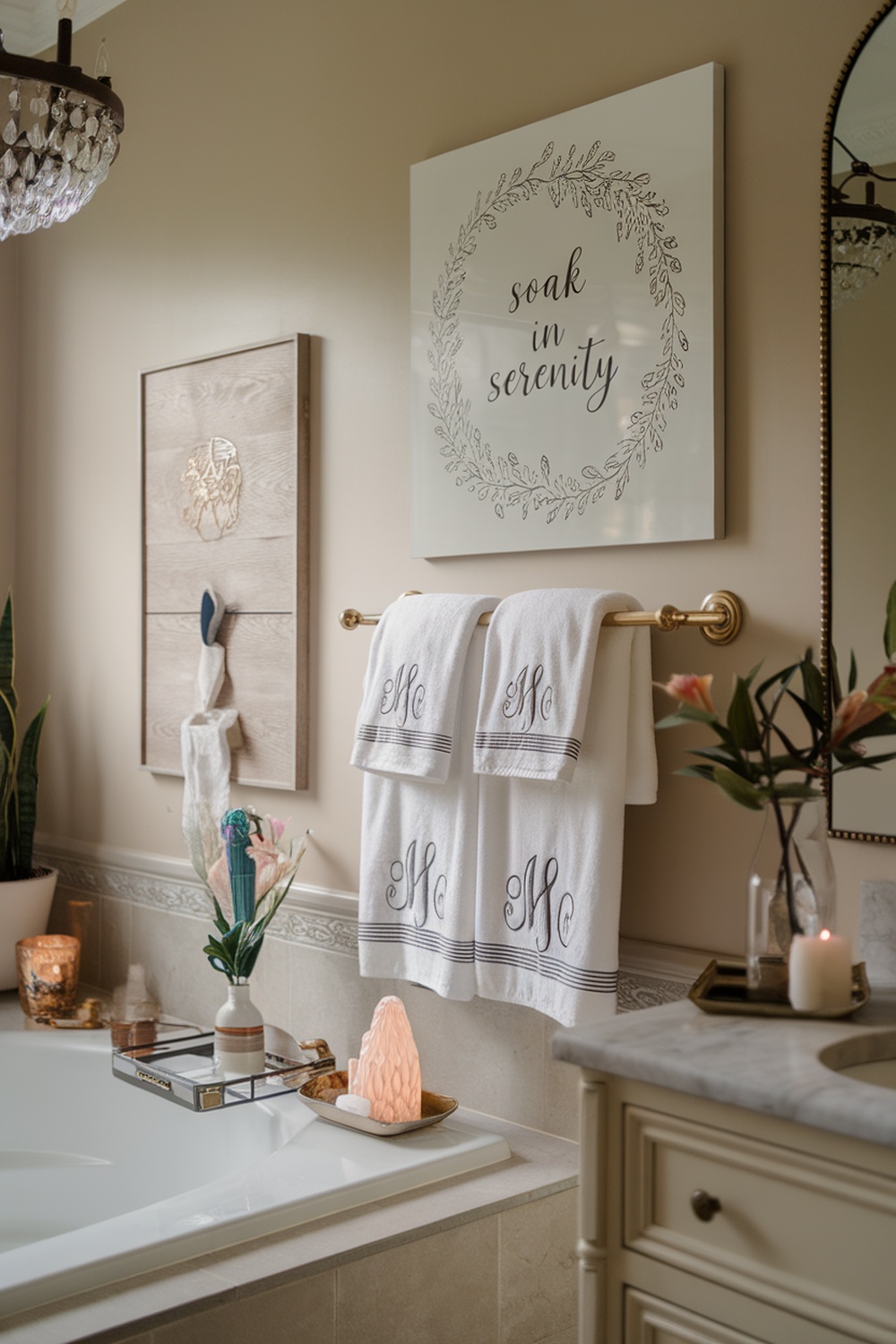 A beautifully decorated bathroom featuring monogrammed towels, calming artwork, a plant, and soft candlelight.