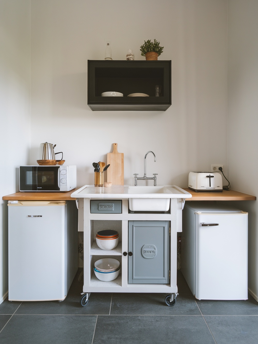 A compact kitchen with a portable island featuring a sink, storage, and various kitchen appliances.