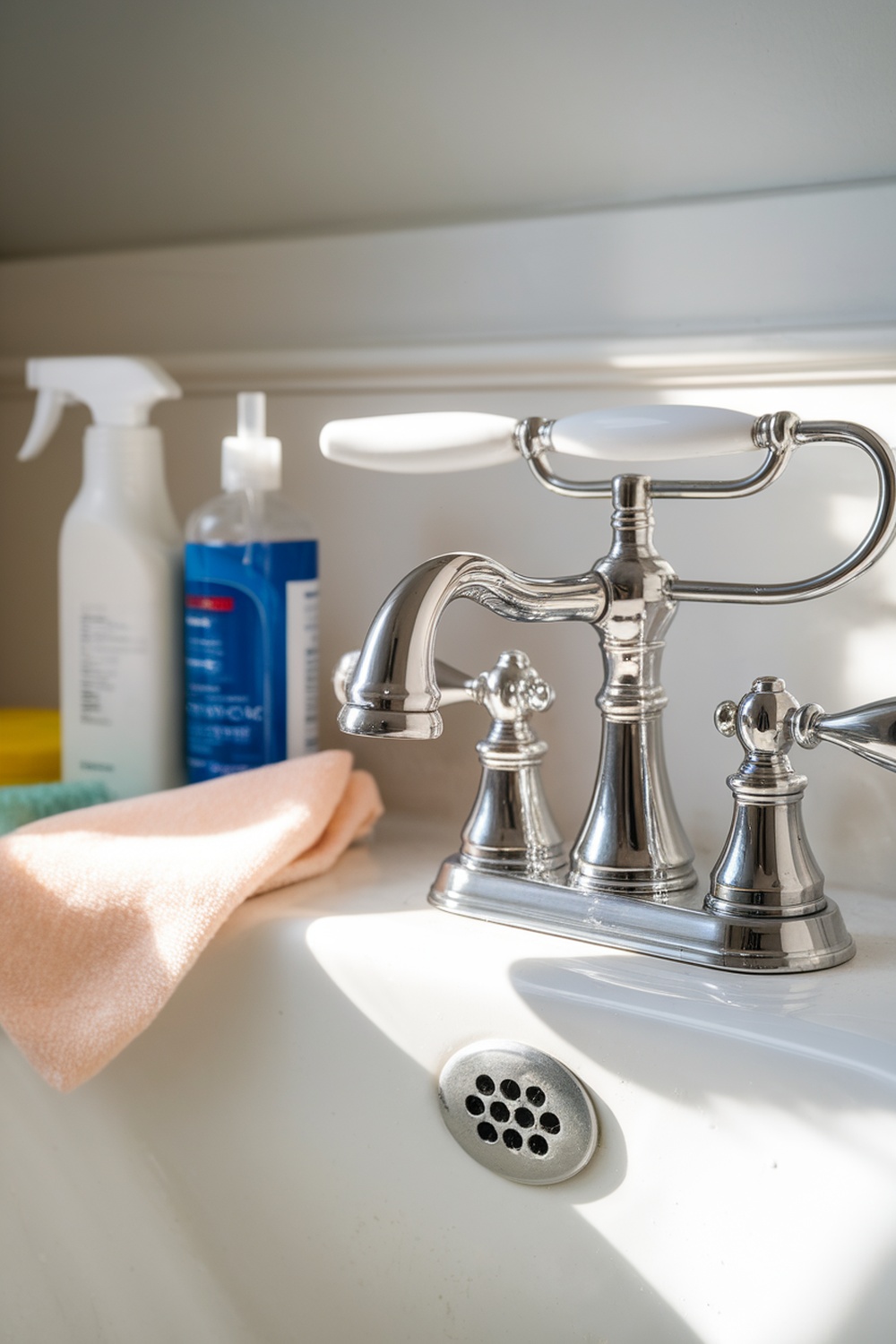 A shiny bathroom faucet next to cleaning supplies and a cloth, emphasizing cleanliness.