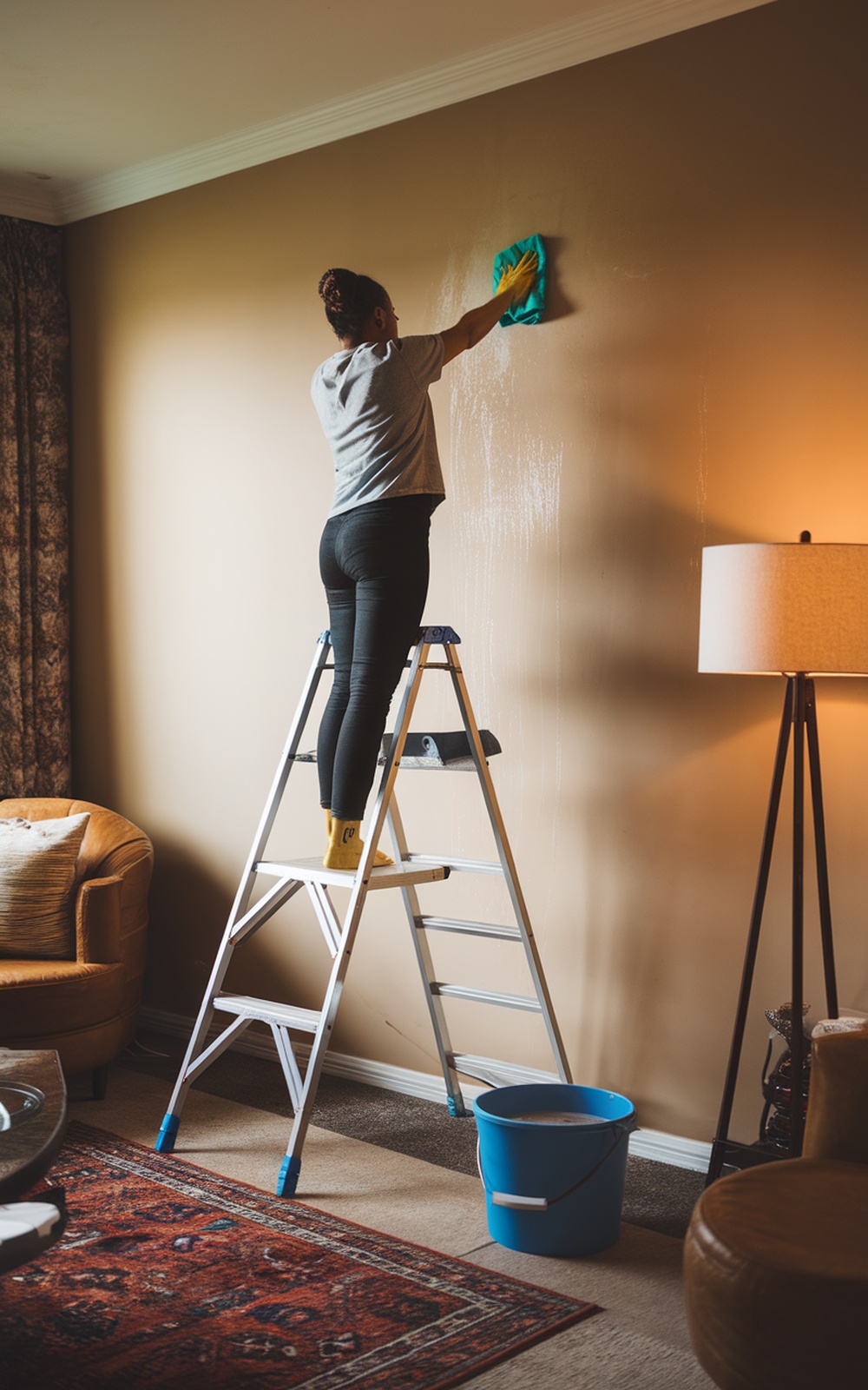 A person cleaning a wall while standing on a ladder, with a bucket nearby.