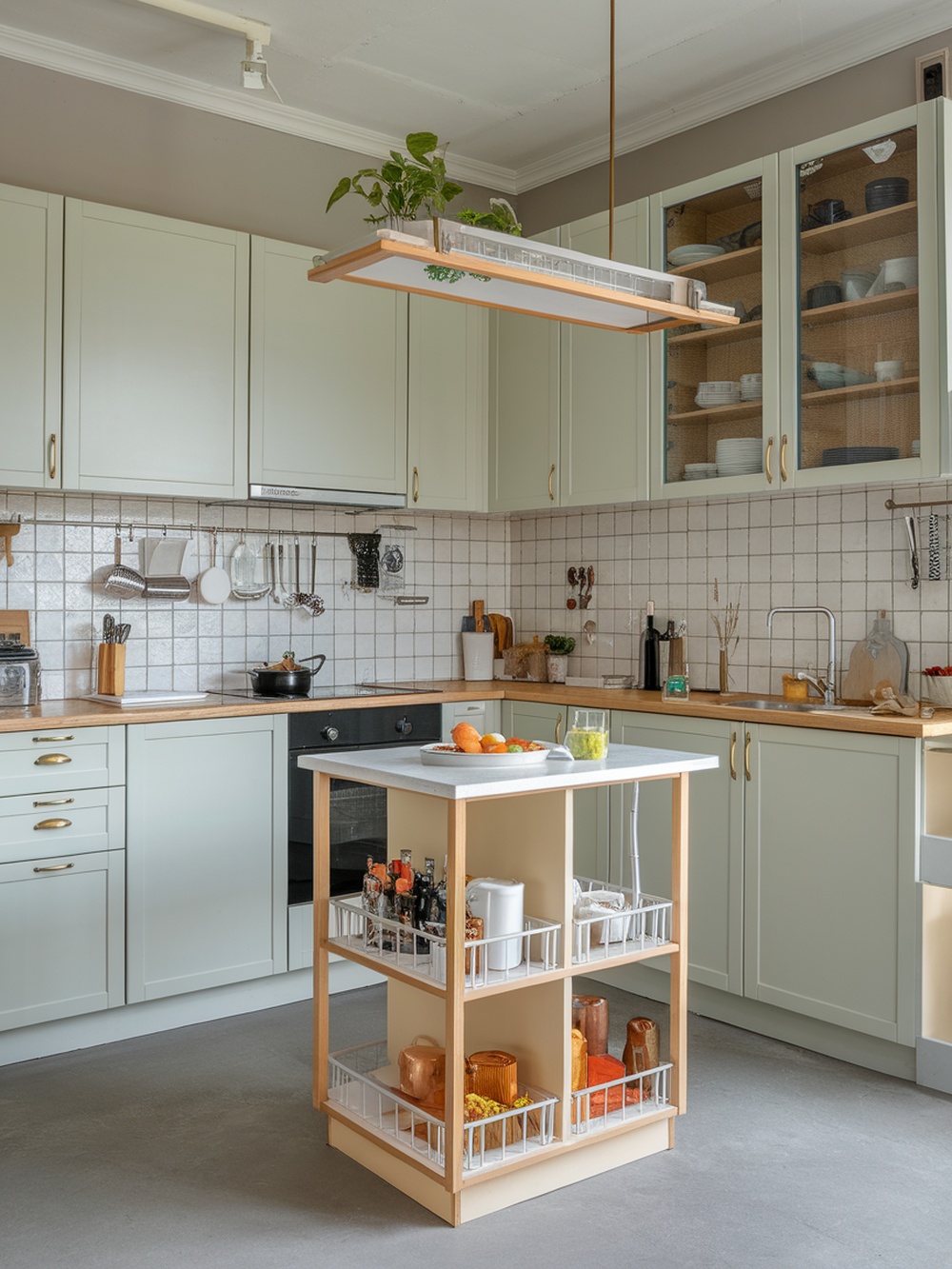 A modern small kitchen with a central island, open shelves, and a plant hanging above.