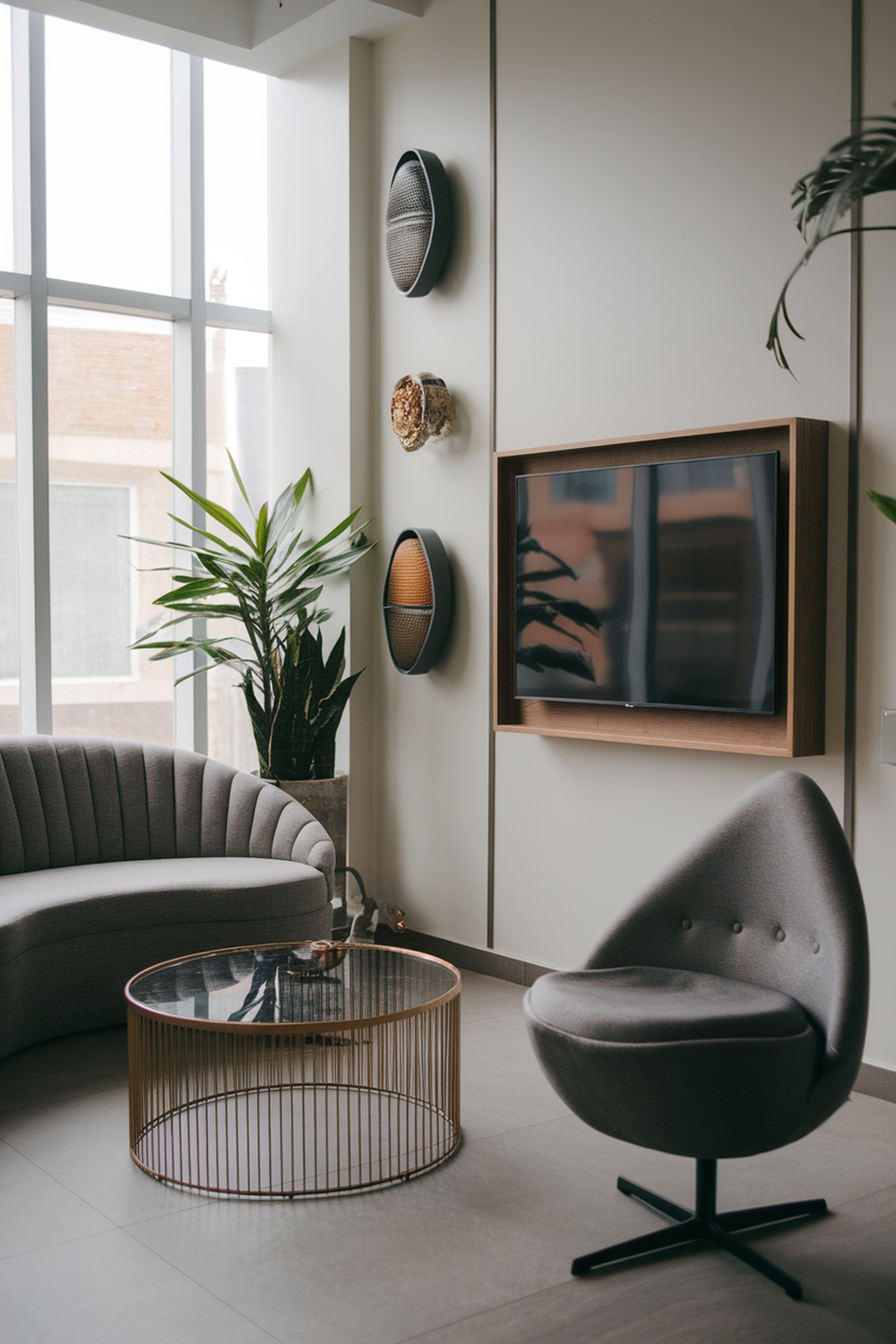 A modern living room with a wall-mounted TV, gray curved sofa, unique chair, and plants.