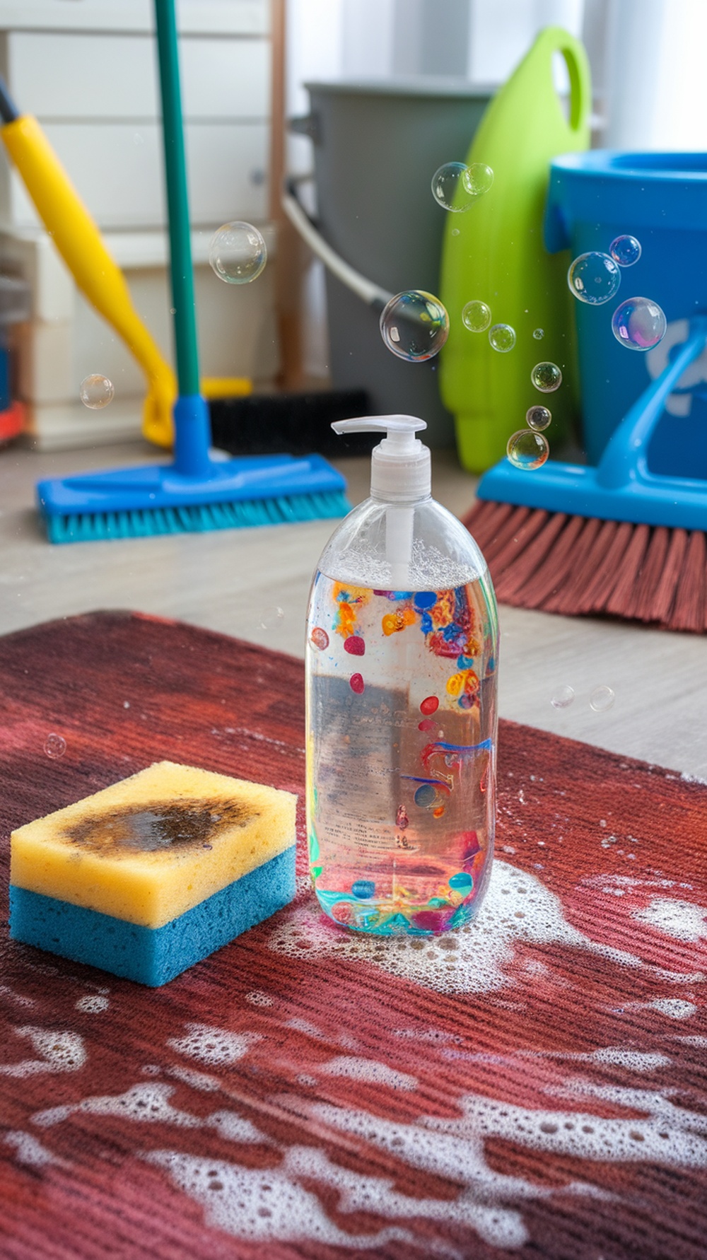 A bottle of dish soap with bubbles and a sponge on a rug, illustrating cleaning tips.