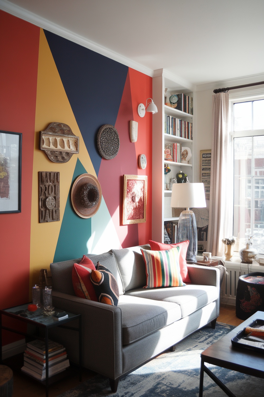 A cozy living room with a vibrant geometric accent wall in red, navy, and mustard colors, featuring decorative items and a comfortable sofa.