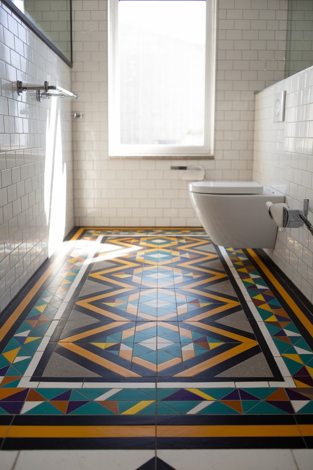 A bathroom with bold geometric tile flooring and white subway tiles on the walls.