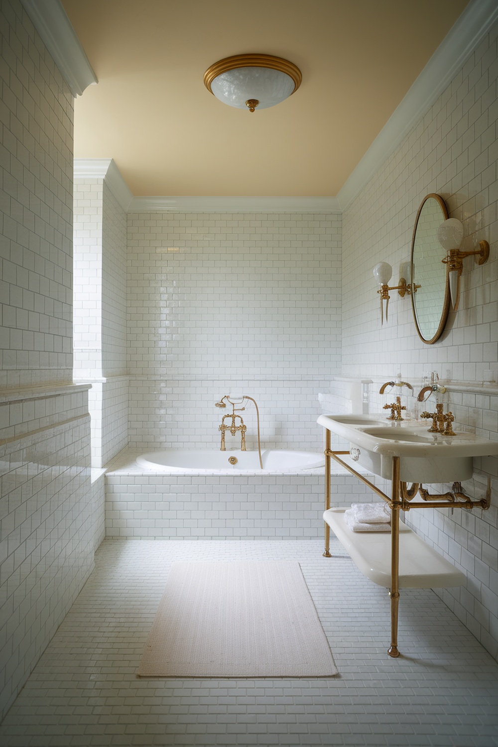 A luxurious bathroom with white subway tiles, a classic bathtub, and gold fixtures.