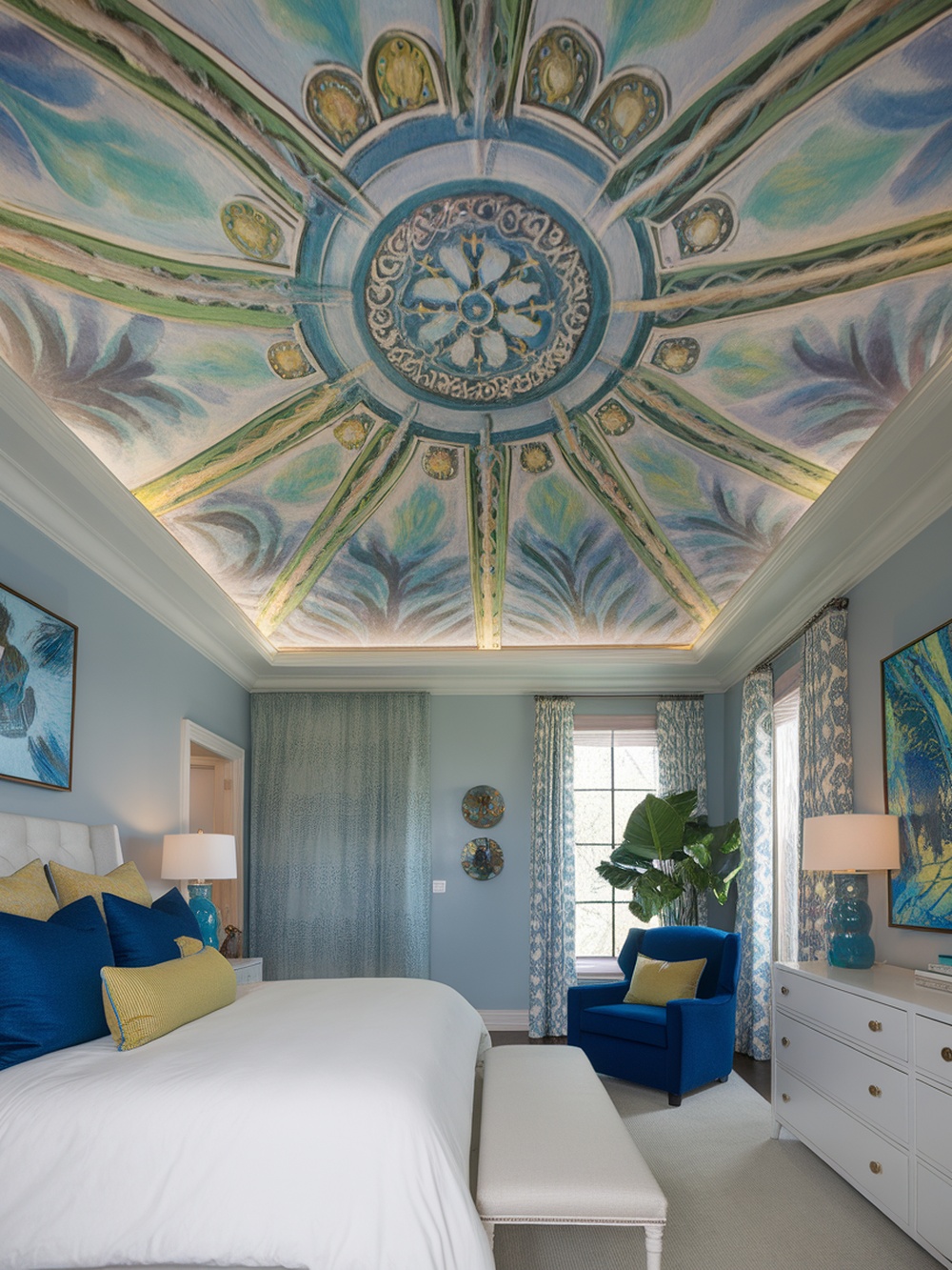 A beautifully painted ceiling mural in a bedroom featuring soft blues and greens.