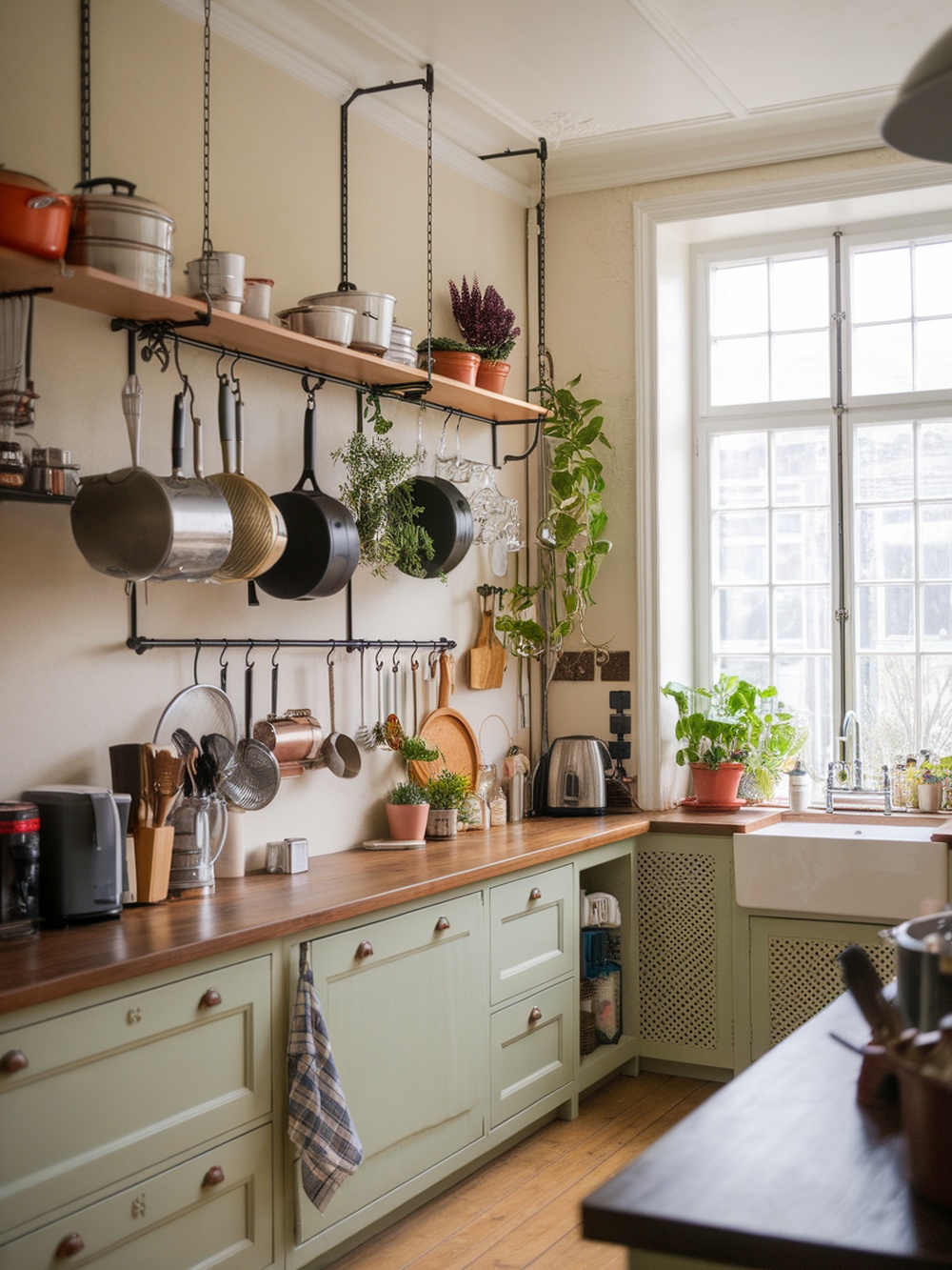 A cozy kitchen featuring a hanging rack with pots, pans, and plants.