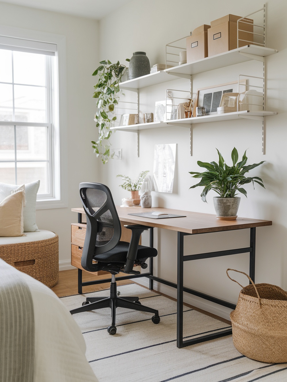 A stylish workspace in a bedroom featuring a wooden desk, an ergonomic chair, shelves with decorative boxes, and a plant.