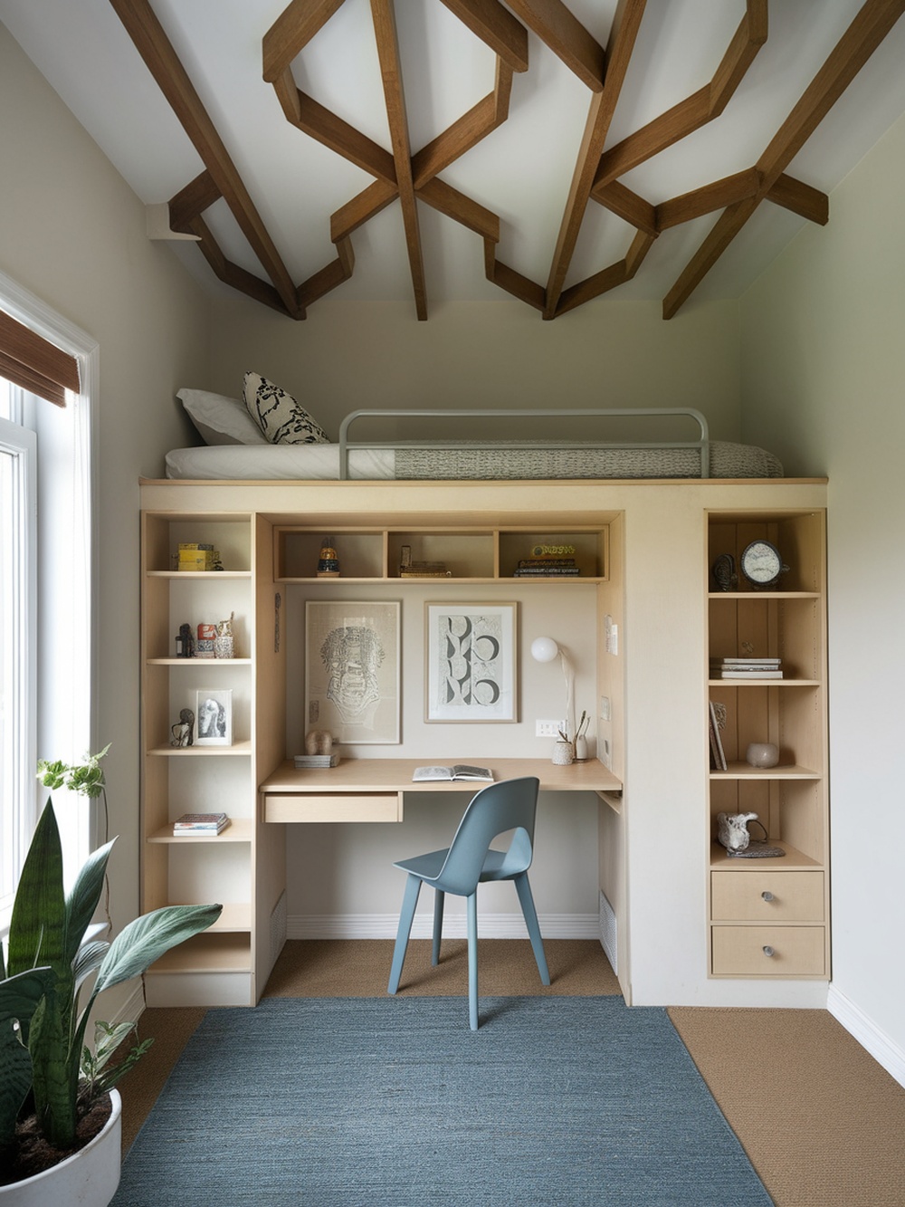 A small bedroom with an elevated bed, desk area, and creative ceiling design.