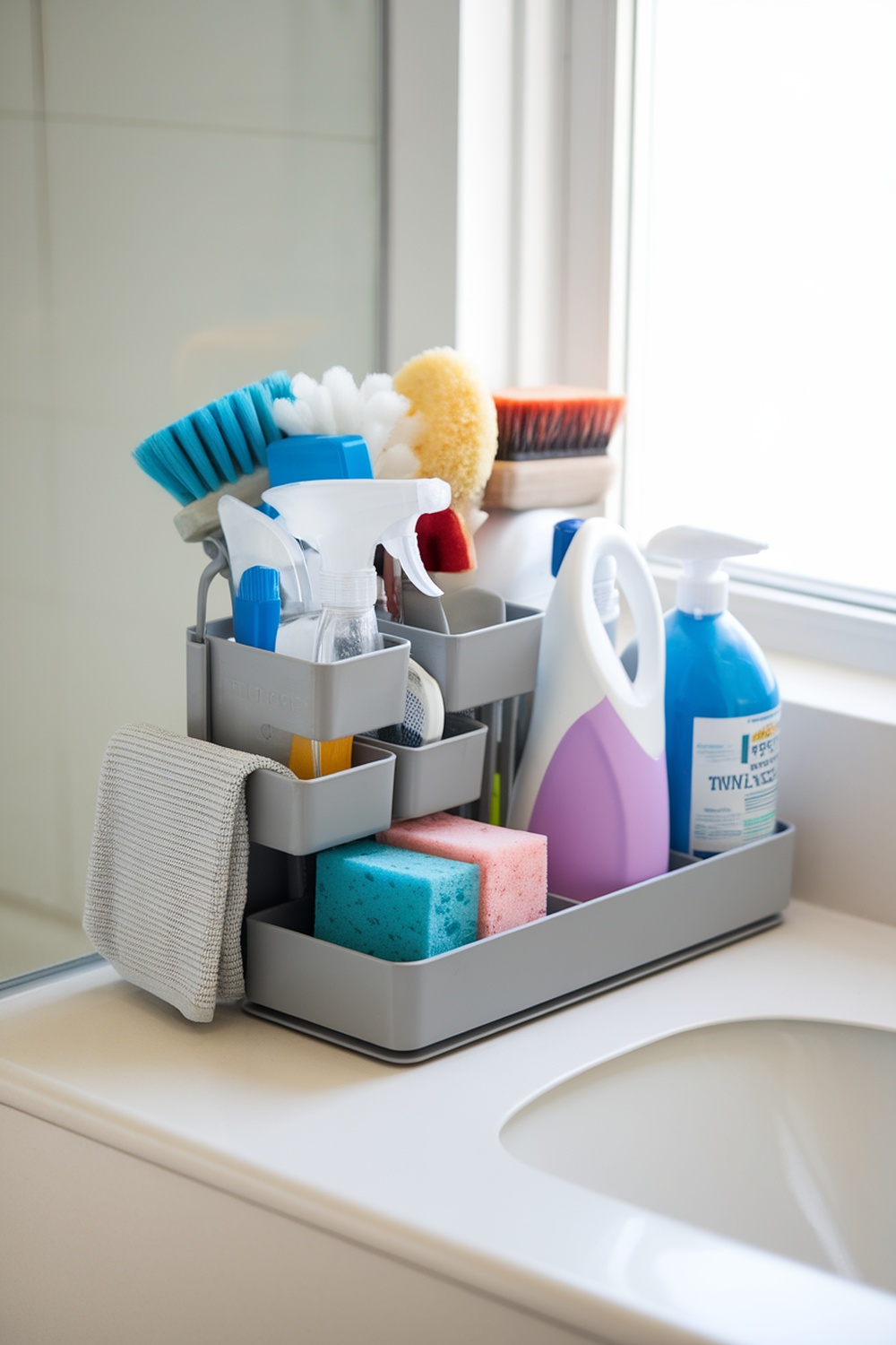 Organized bathroom cleaning supplies in a caddy on a countertop
