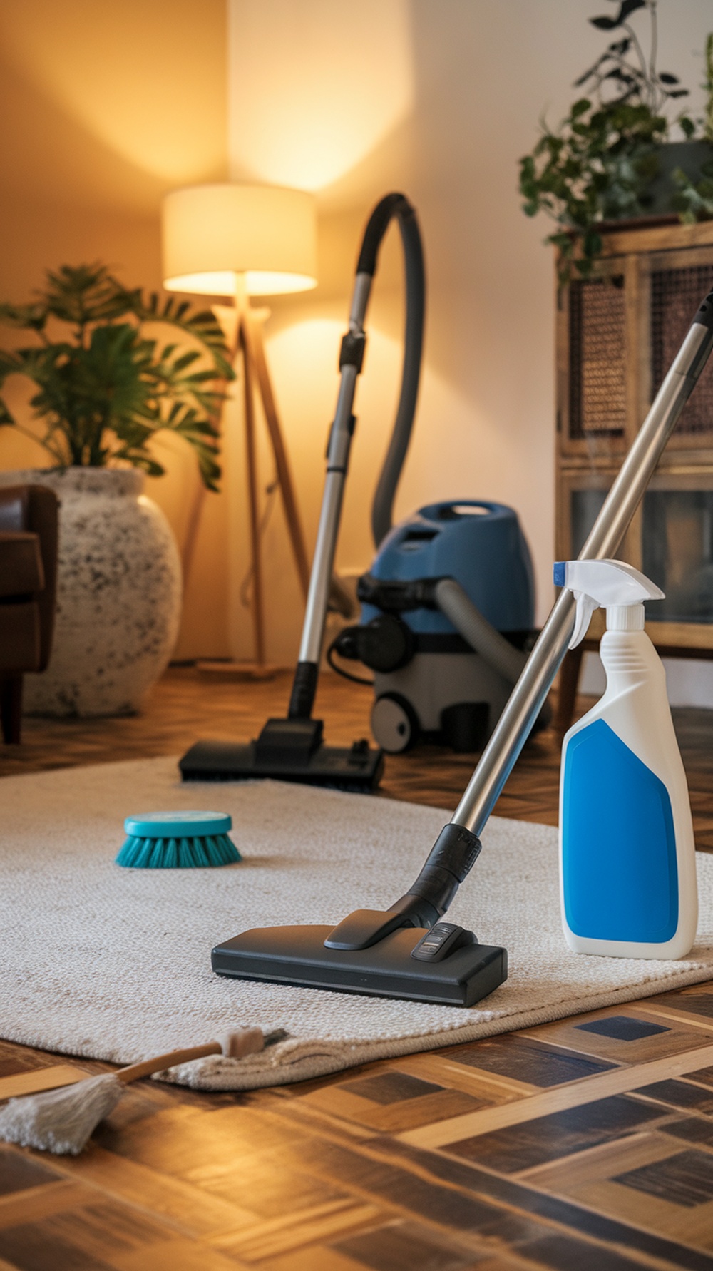 A cozy living room with a vacuum cleaner, cleaning brush, and spray bottle on a rug, ready for cleaning.