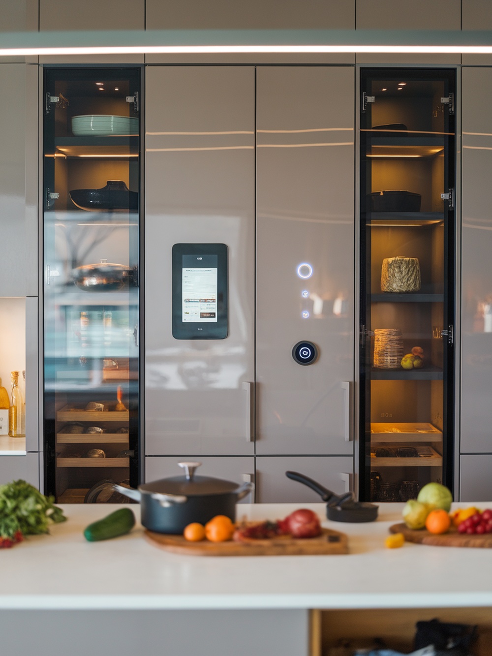 Modern kitchen cabinets with integrated smart technology, featuring a touchscreen and organized storage.