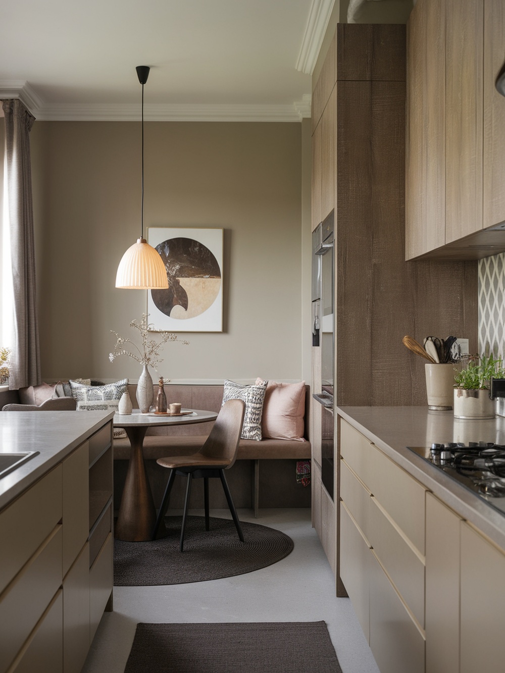 A cozy small kitchen featuring a round dark rug under a dining table, with warm-toned furniture and decor.
