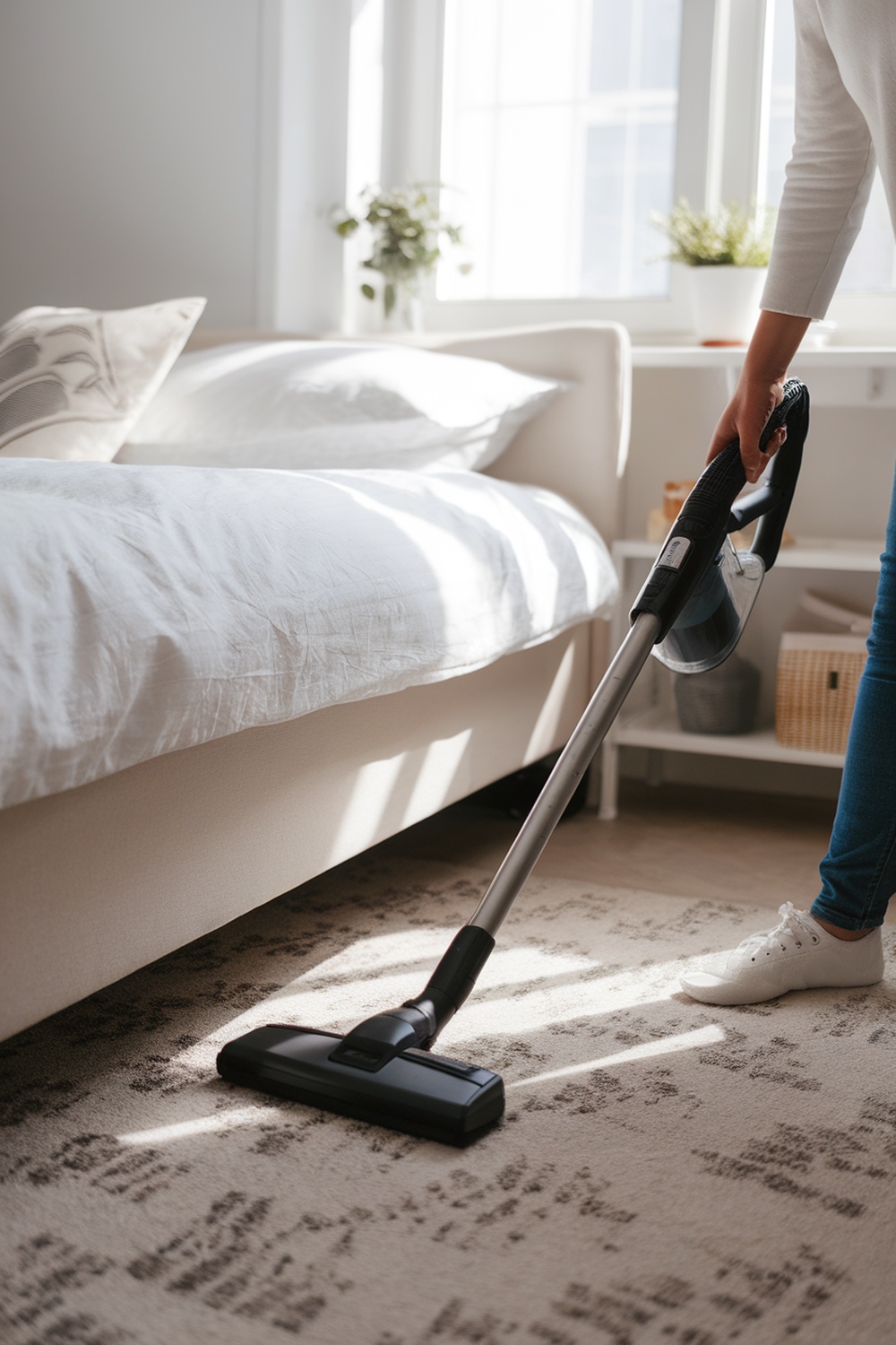Person vacuuming under a bed in a bright bedroom