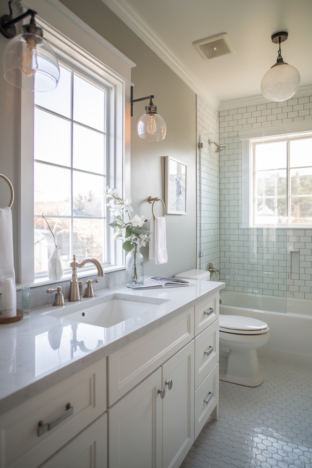 A modern bathroom with natural light, marble countertop, and stylish fixtures.