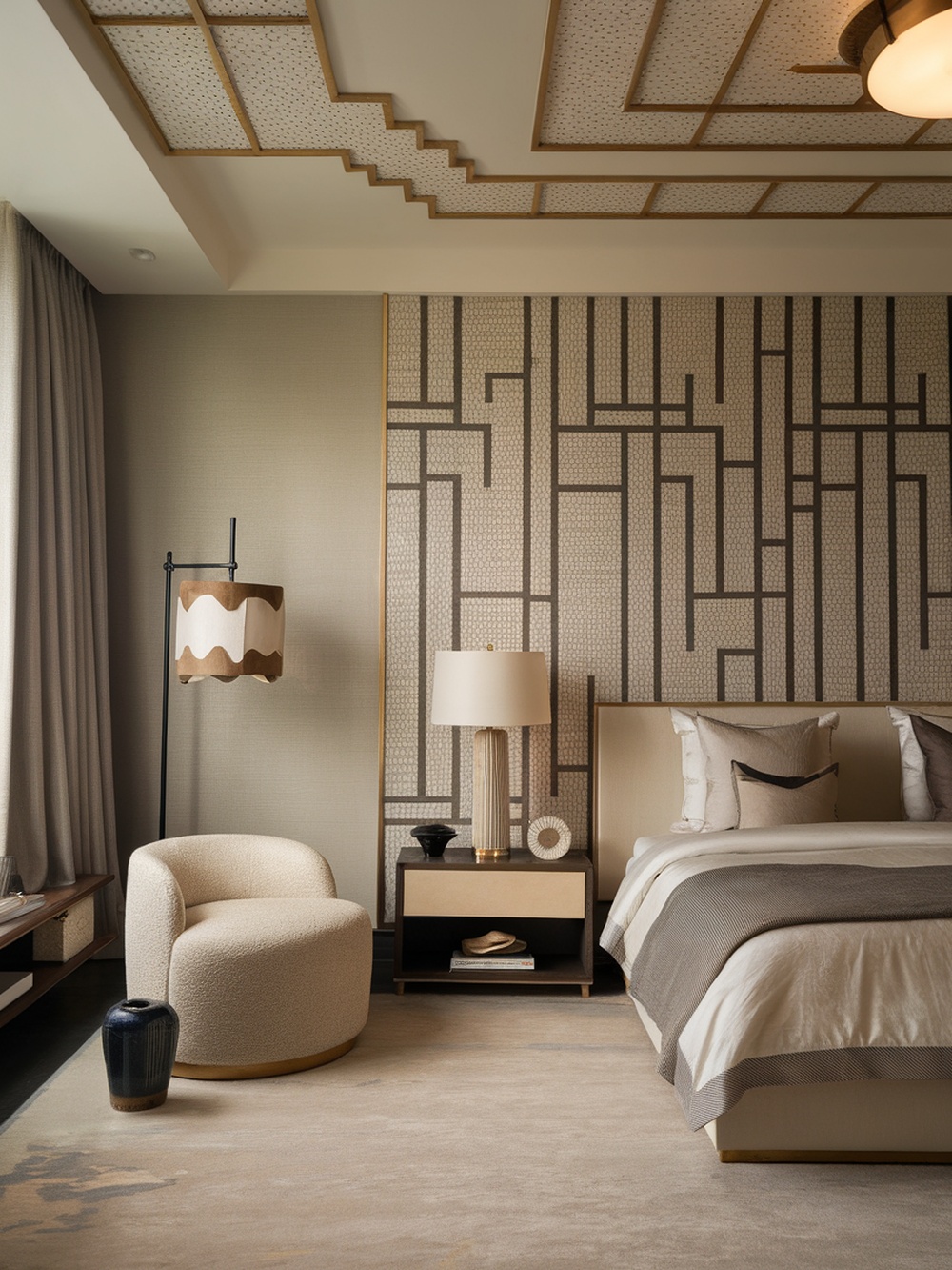 A modern bedroom featuring geometric wallpaper, neutral furniture, and stylish decor.