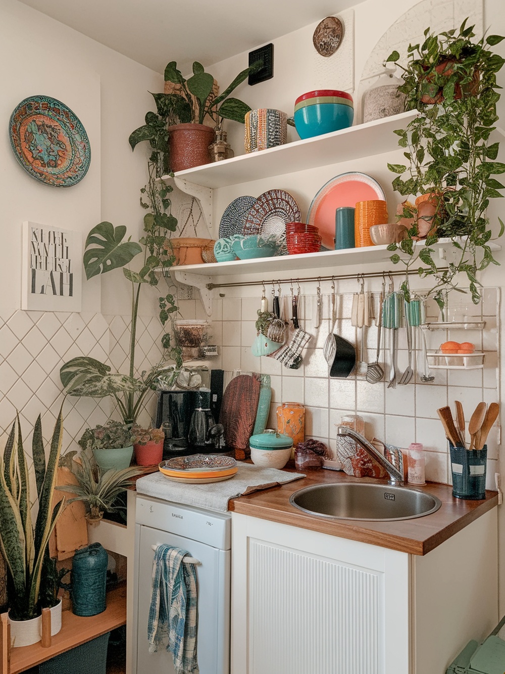 A cozy small kitchen with colorful plates, plants, and decor on shelves.