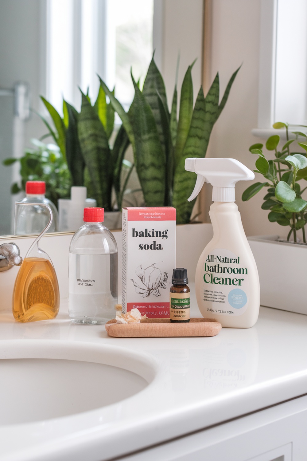 Ingredients for an all-natural bathroom cleaner including baking soda, essential oils, and a spray bottle.