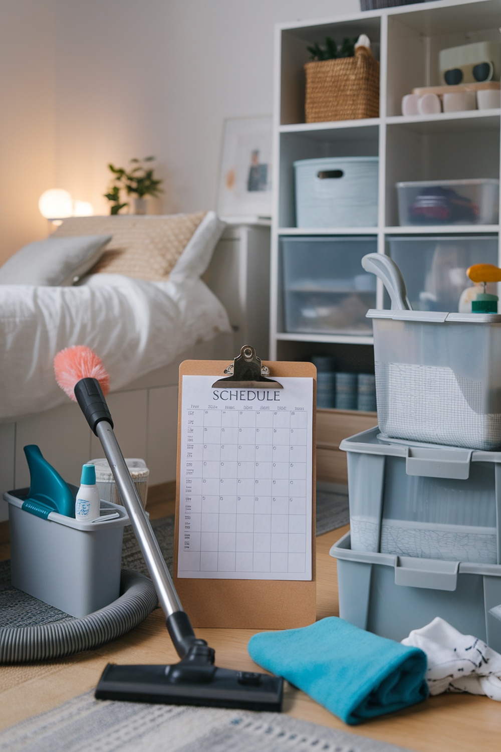 A cleaning schedule on a clipboard in a tidy bedroom with cleaning supplies and storage bins.