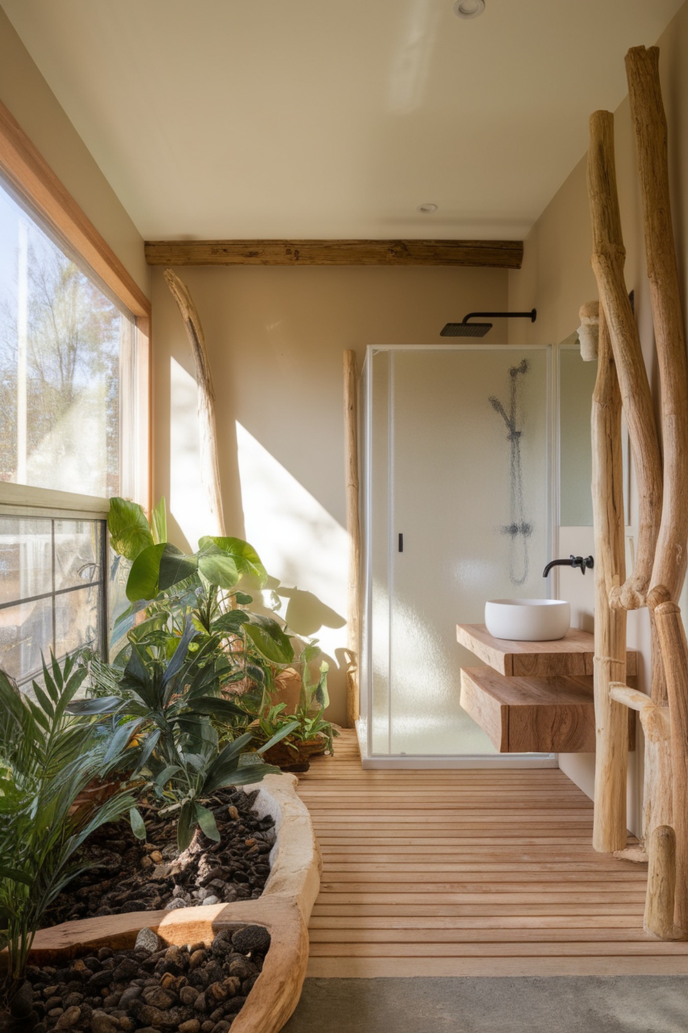 A nature-inspired bathroom featuring wooden elements, plants, and a glass shower enclosure.