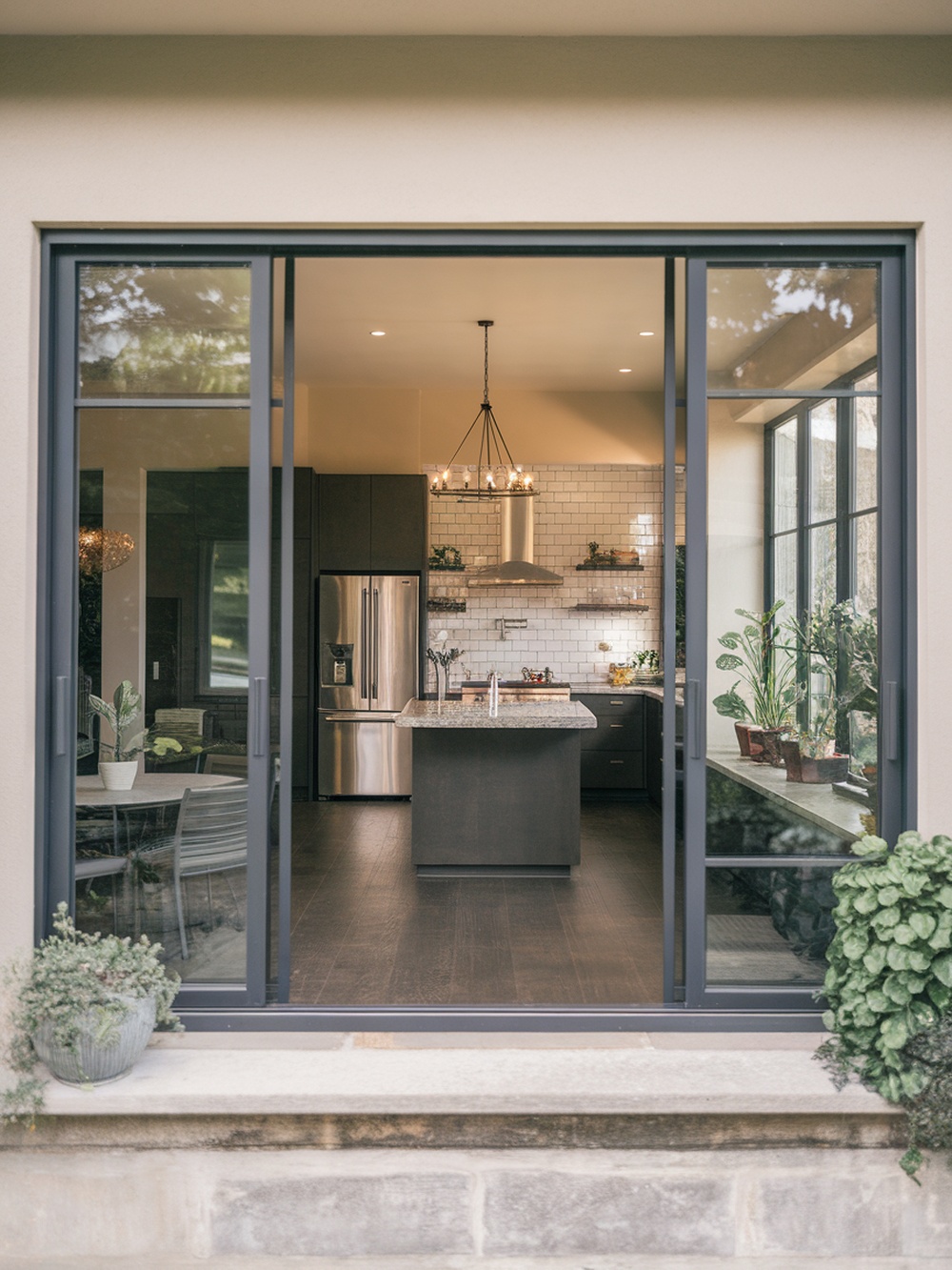 A modern kitchen with large glass doors opening to an outdoor area, featuring plants and a stylish design.