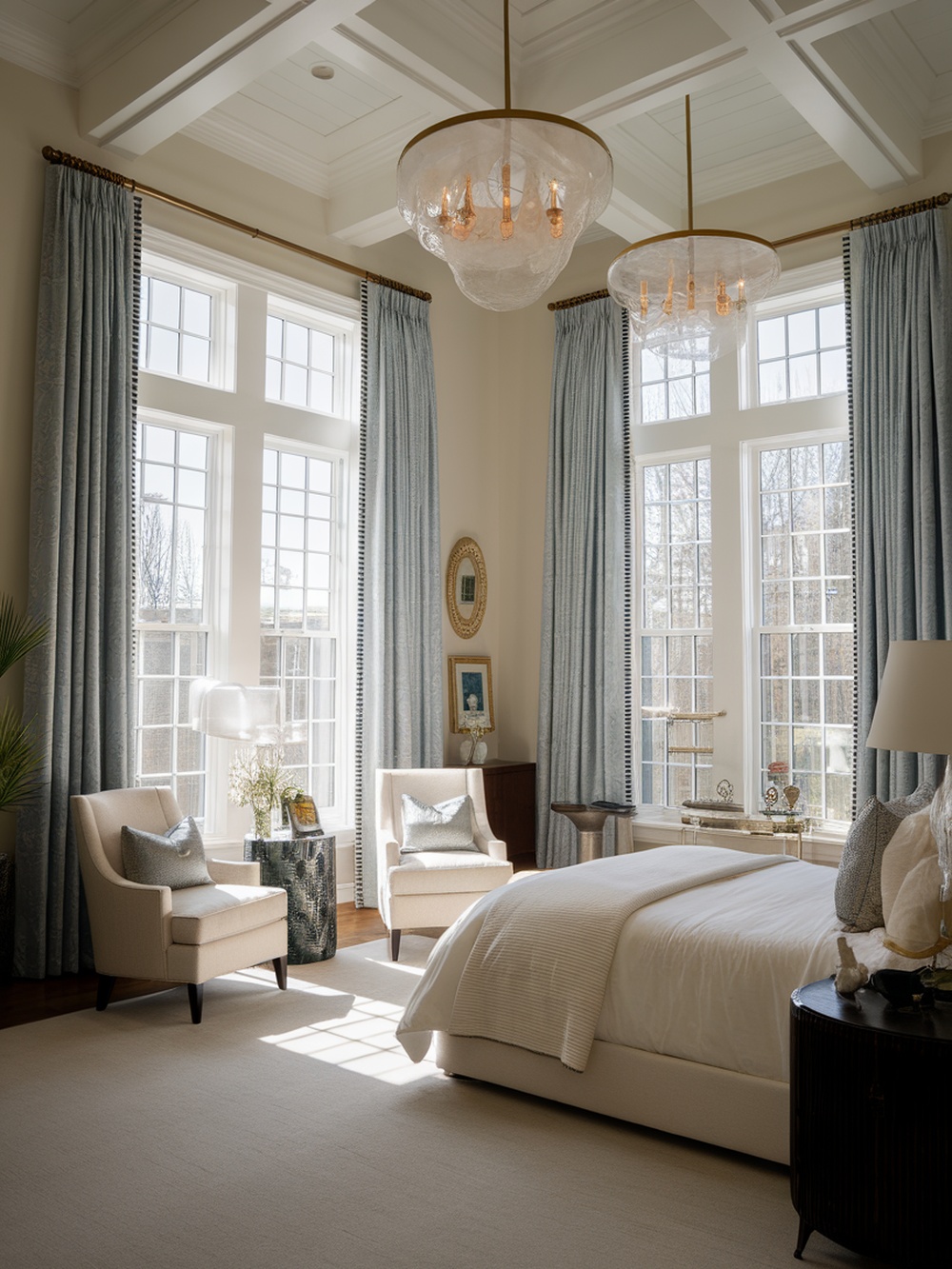 A beautifully designed bedroom with high ceilings, large windows, and elegant light fixtures.
