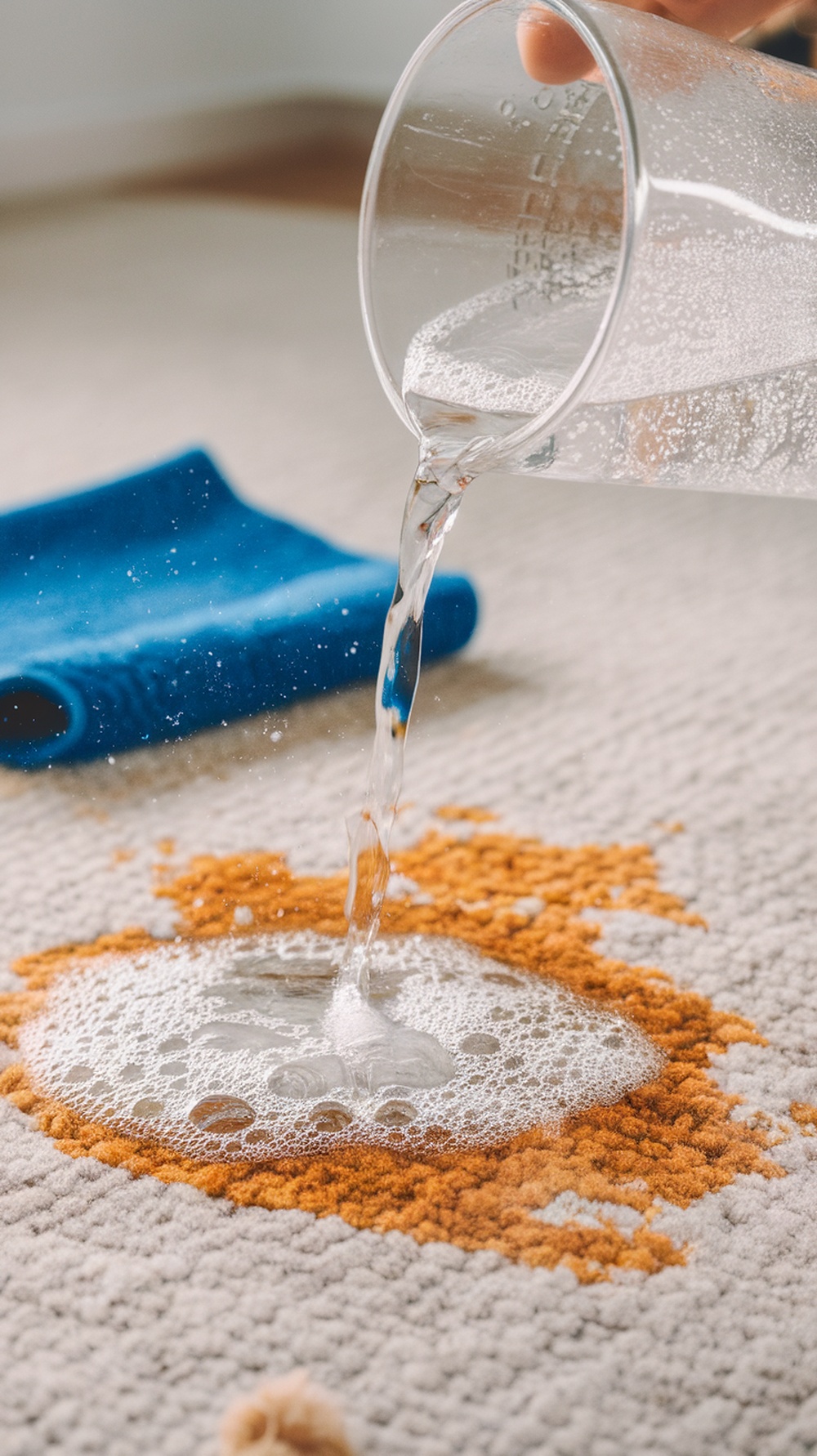 Pouring club soda onto a stain on a rug