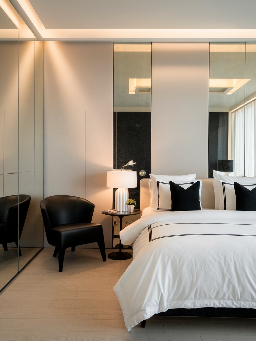 A modern bedroom featuring large mirrors that create an illusion of space.