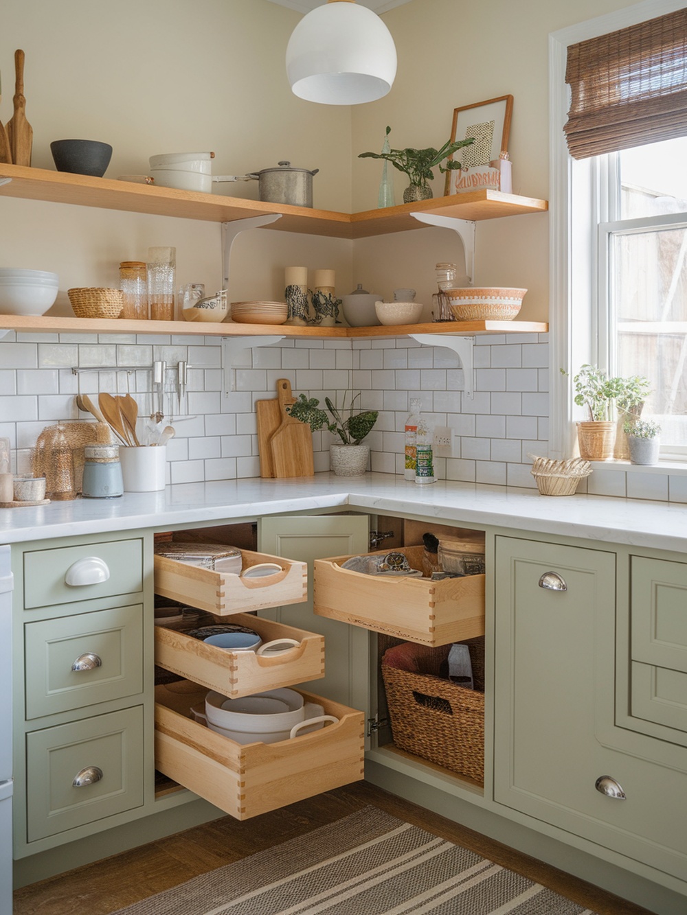 A modern kitchen with under-counter storage drawers and open shelving.