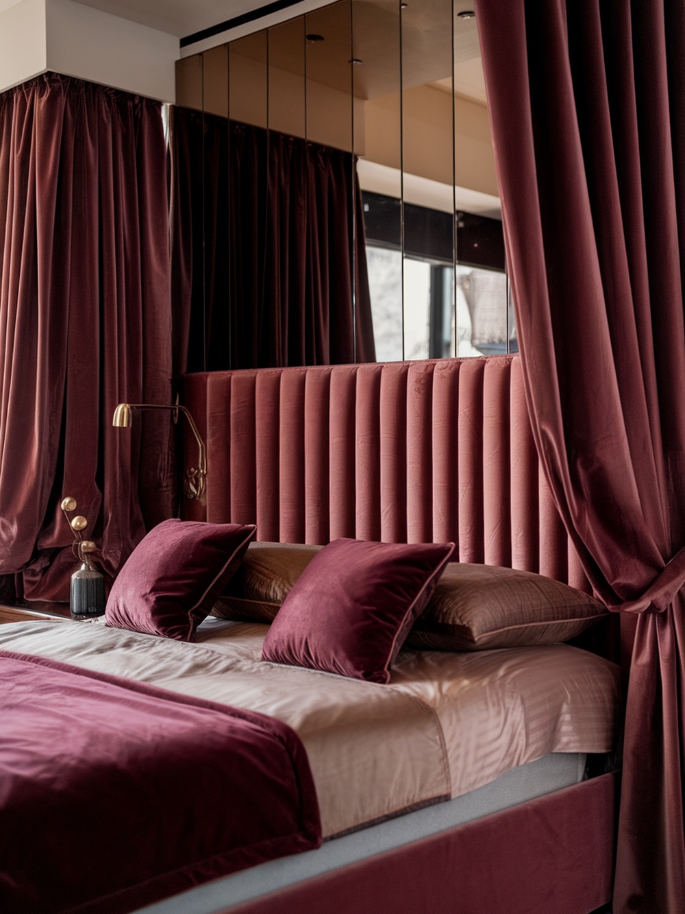 A luxurious bedroom featuring burgundy velvet accents in the headboard, curtains, and pillows.