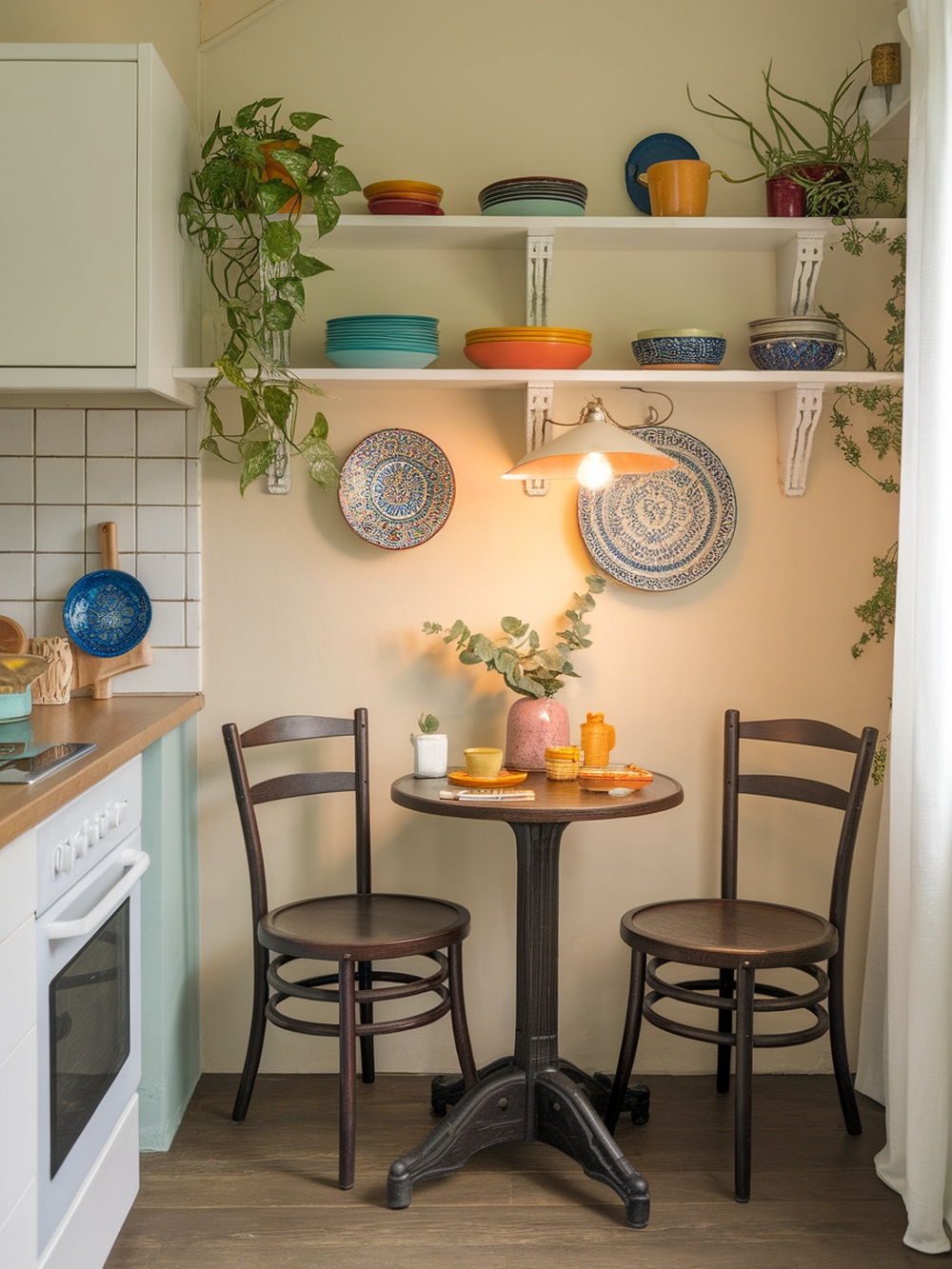 A cozy dining nook in a small kitchen with a round table, two chairs, colorful plates on shelves, and plants.