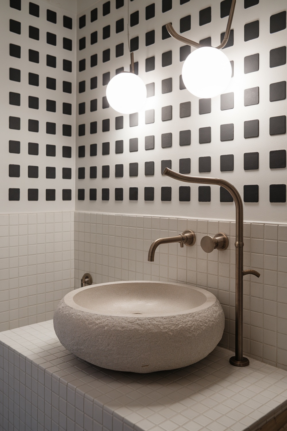A modern bathroom featuring a unique stone sink and stylish black and white tiled wall.